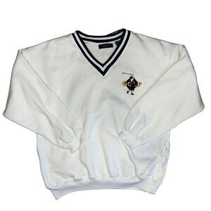 Vtg Claybrooke Sport Emnroidered Golf V Neck Sweater Men's L White Long Sleeve